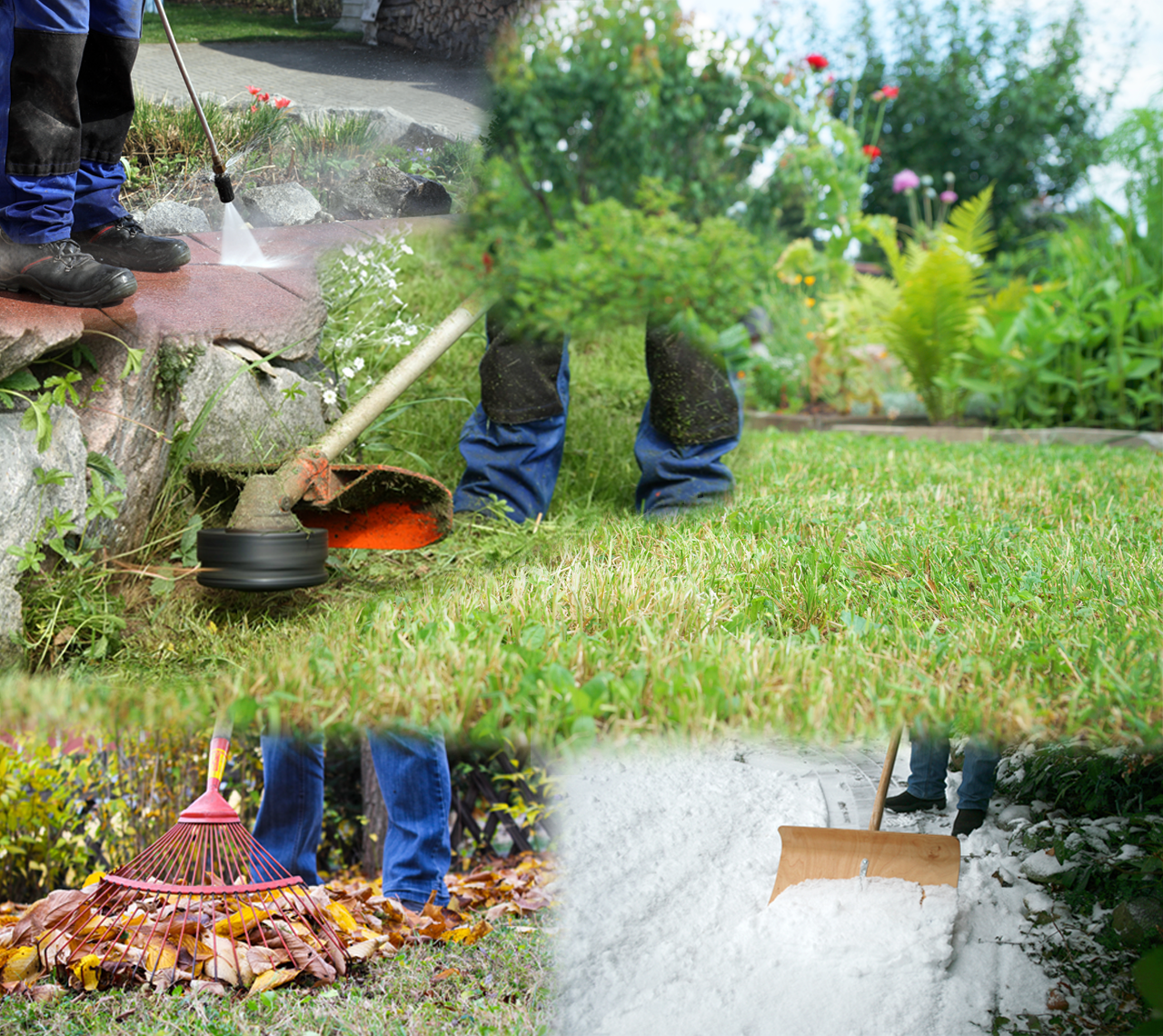 Arbeitsgeräte für Gartenpflege: Rasenschneider, Laubrechen und Schneeschieber.