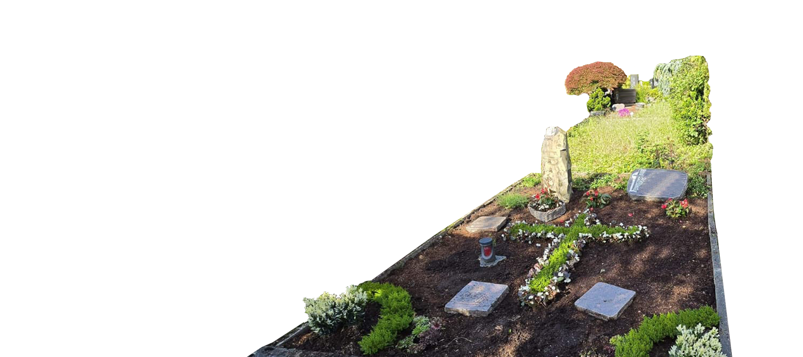 Neu gestaltetes Grab mit einem floralen Kreuz aus frischen Blumen.