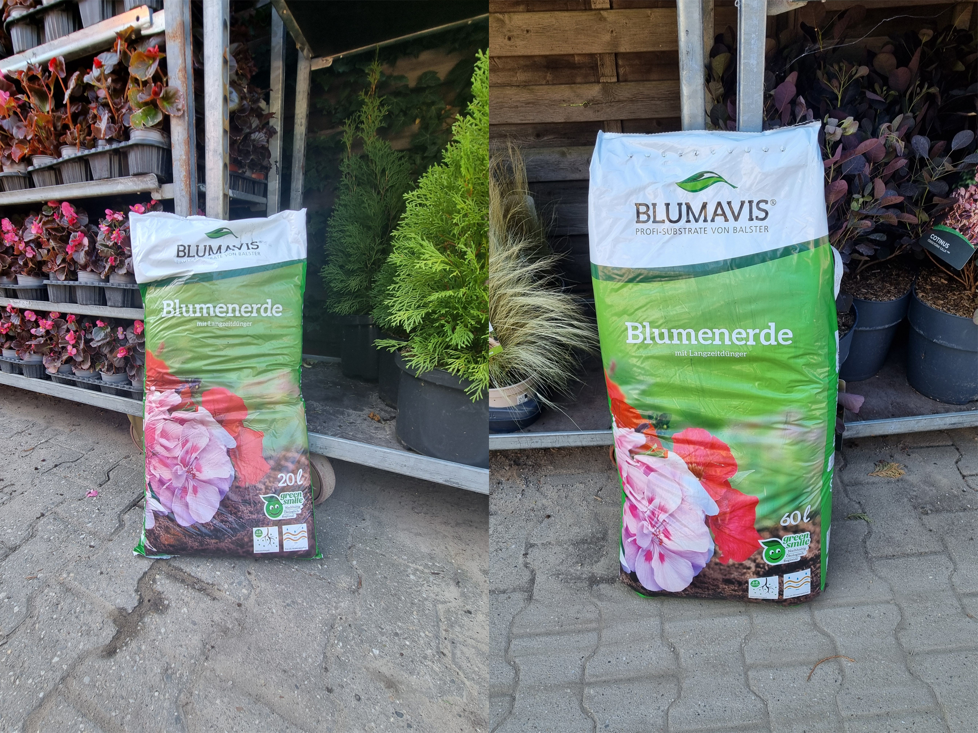 Zwei Säcke mit Blumenerde in den Größen 20 Liter und 60 Liter.