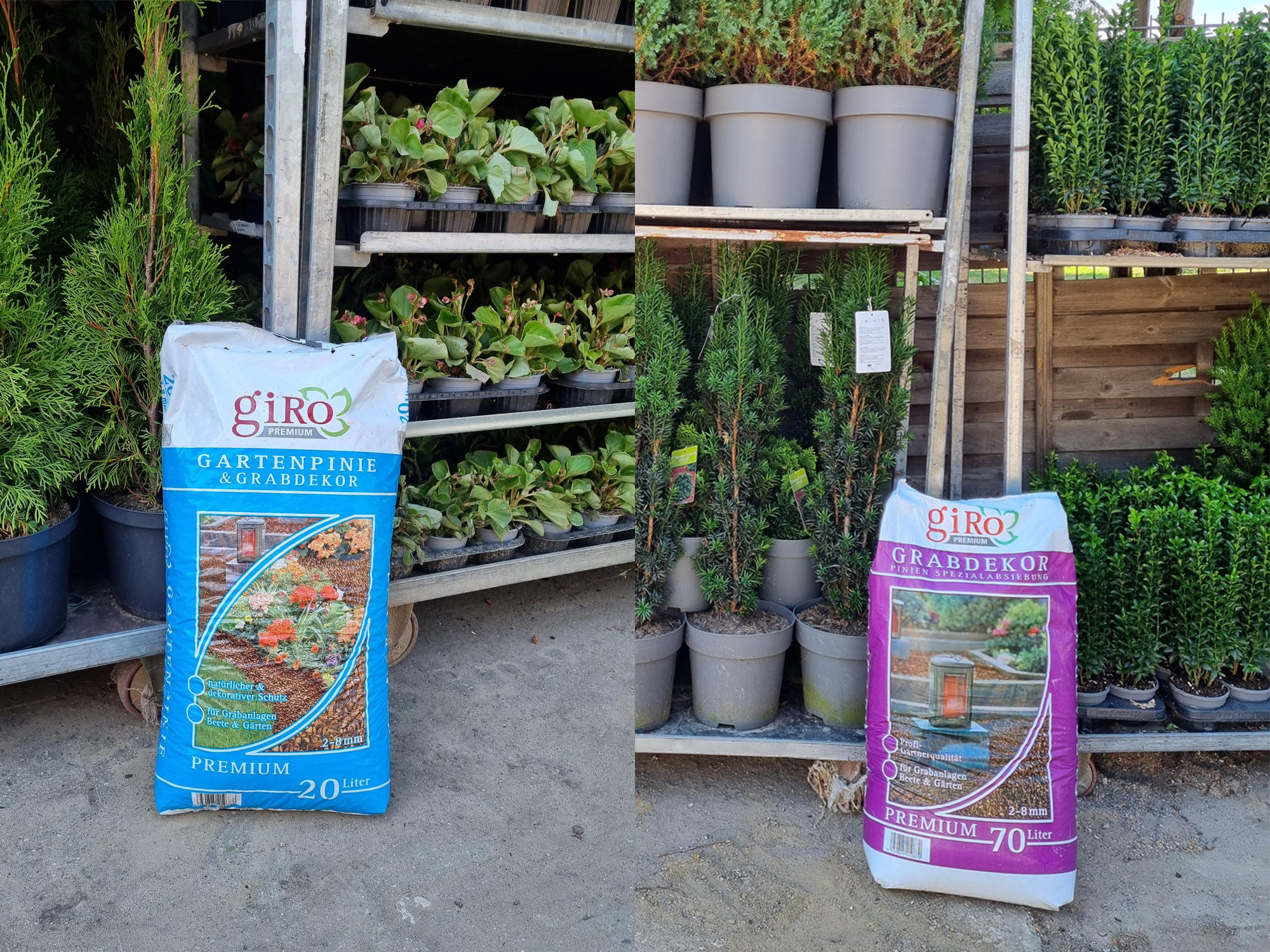 Grabdekor & Gartenpinie im 20 Liter und 70 Liter Sack vor grünen Pflanzen.