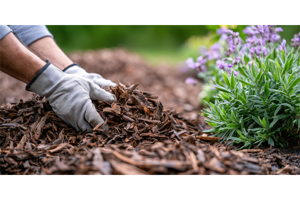 Zwei Hände mit Handschuhen, die Lavendel einpflanzen.