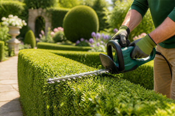 Eine frisch gerade geschnittene grüne Hecke mit einer Heckenschere.