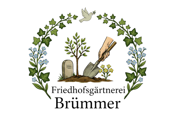 Logo der Friedhofsgärtnerei Brümmer mit Schaufel, Taube und gelben Blumen.