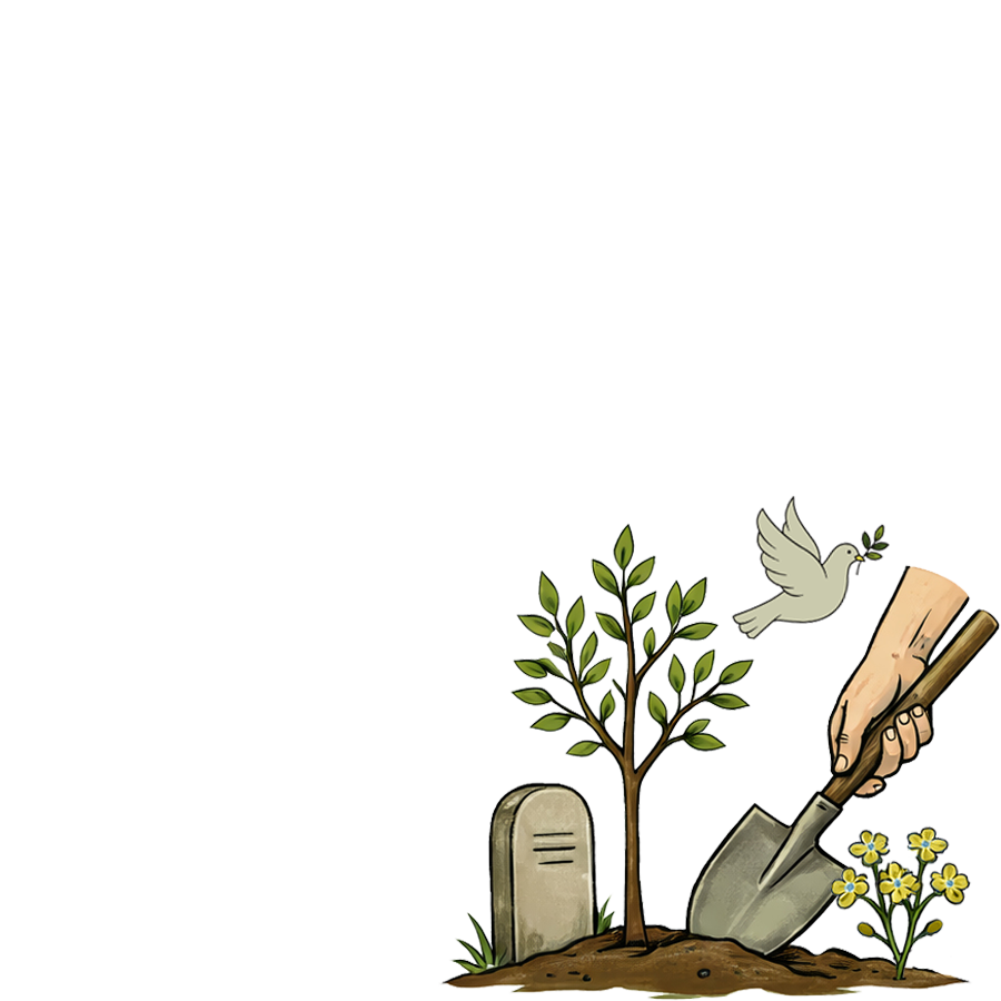 ALT: Logo der Friedhofsgärtnerei Brümmer mit Baum, Grabstein, gelben Blumen, Schaufel und Taube.