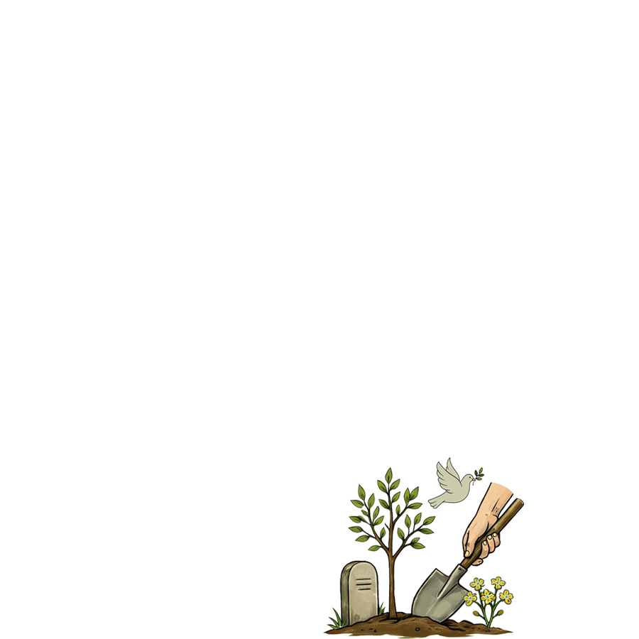 Innenteil des Logos der Friedhofsgärtnerei Brümmer mit Pflanzen, Blumen und einer Taube.