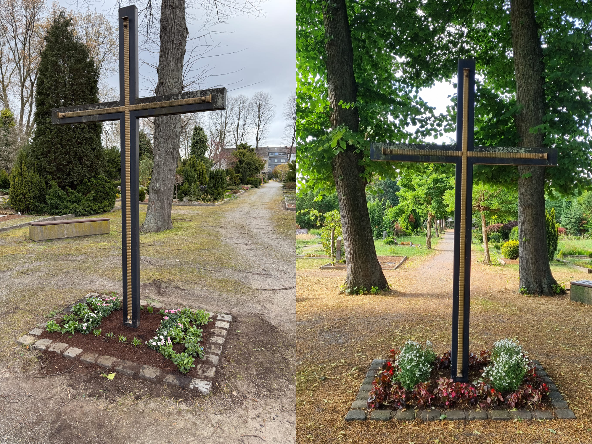 Friedhofskreuz im jahreszeitlichen Vergleich zwischen Winter und Sommer.