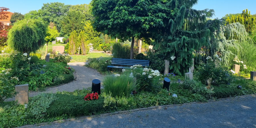 Friedhofsareal „Garten des Gedenkens“ mit Wegen und Gräbern vor Bäumen und einer Parkbank.