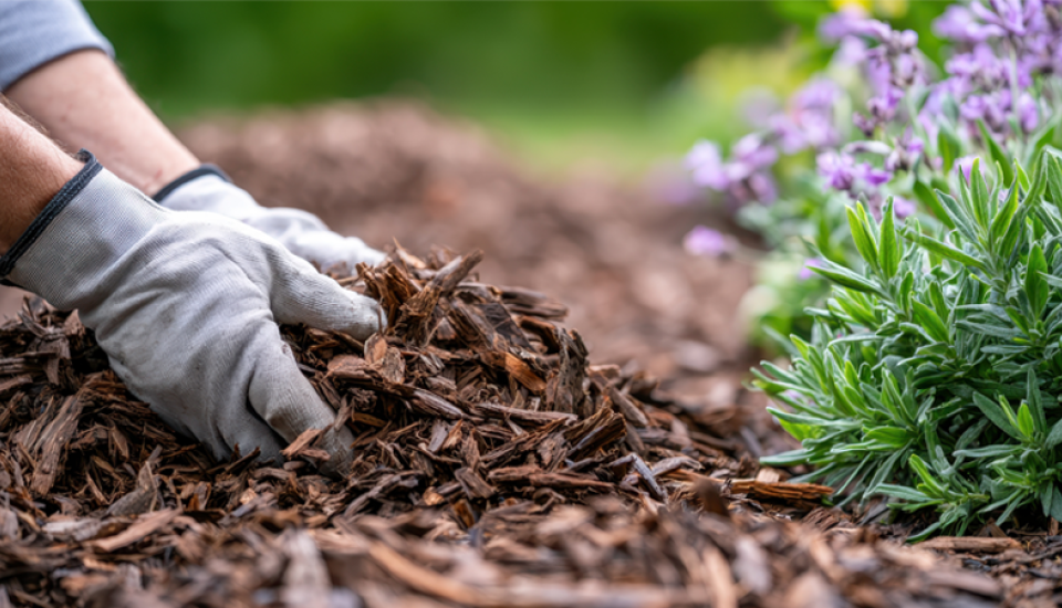 Zwei Hände mit Handschuhen, die Lavendel einpflanzen.