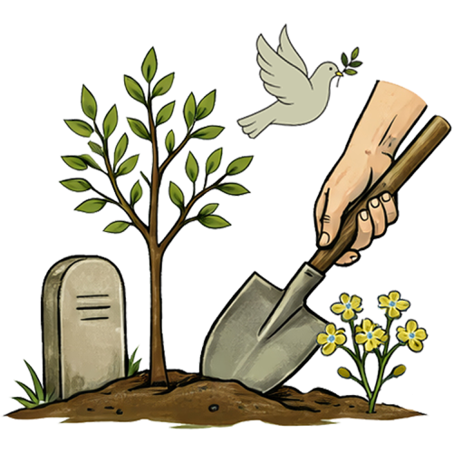 Logo Friedhofsgärtnerei Brümmer mit Baum, Blume, Grabstein, Schaufel und Taube.