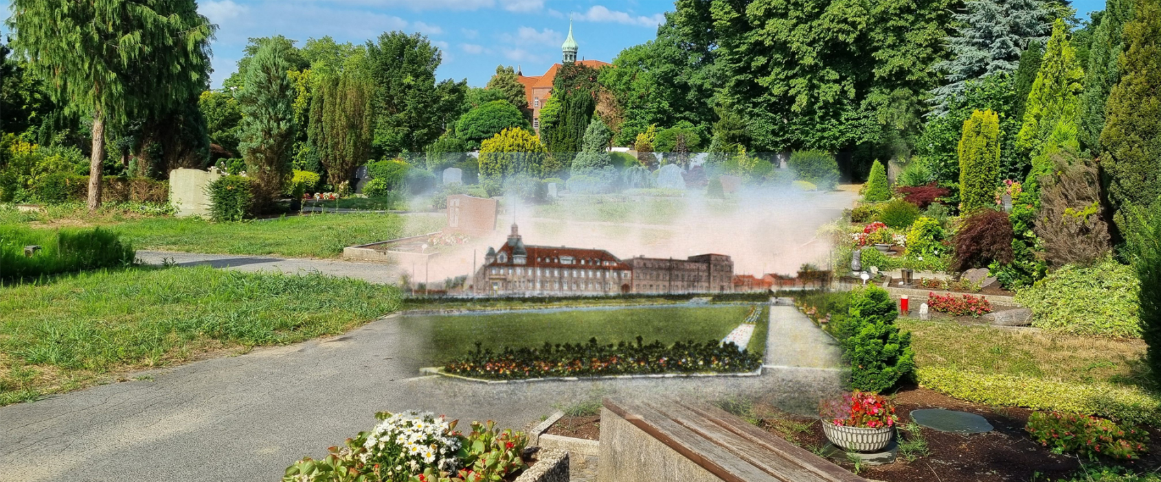 Ansicht Postfriedhof mit Gräbern und Bäumen sowie der alten Post im Hintergrund.