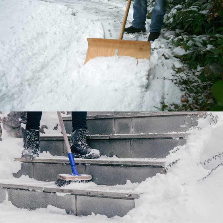 Räumen von Schnee mit Schneeschieber und Besen auf Gehweg.
